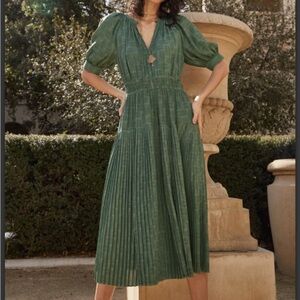 Current Air Green Pleated Maxi Dress with Puff Sleeves
